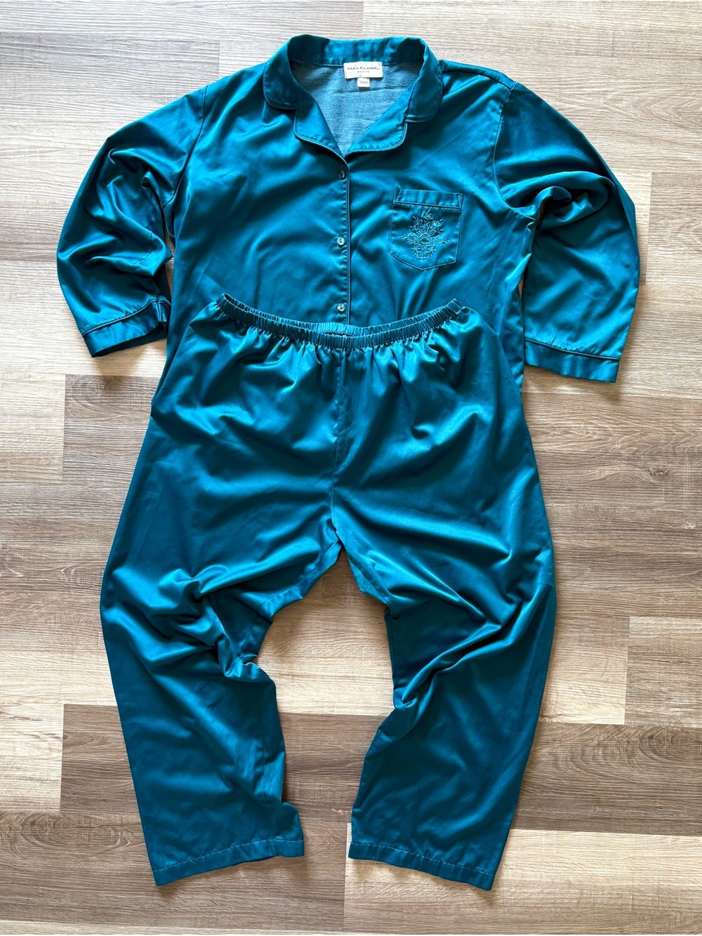 Miss Elaine Teal Brushed Back Satin Pajama Set 2 Pc Plus Size 1X XXL
